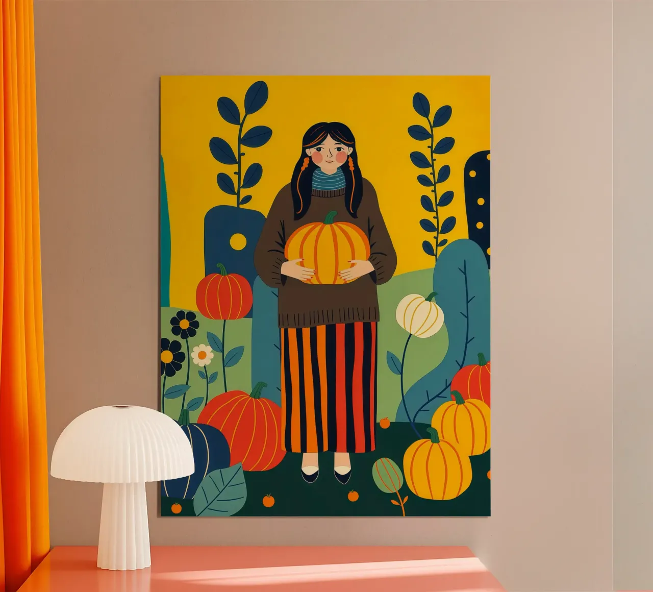 Donna che raccoglie una zucca in un campo di zucche carta hahnemühle da ARTOMATIC