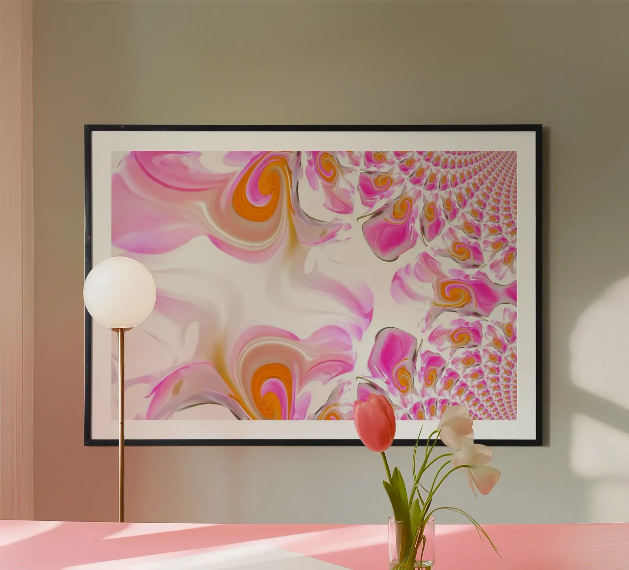 Motivo dinamico astratto in rosa, rosa, arancione e bianco. poster con telaio in plastica da Something for you