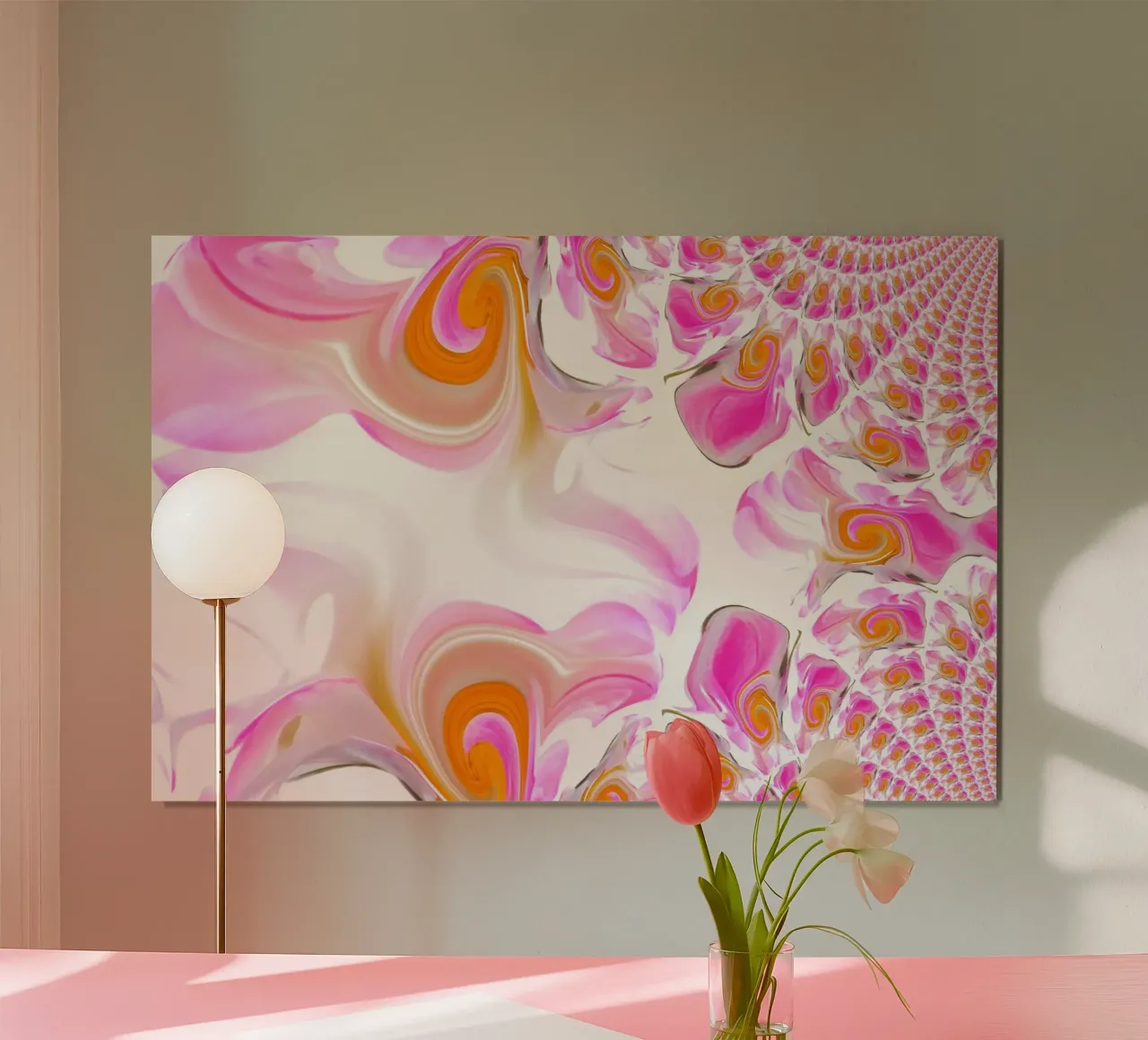Abstract dynamic pattern in pink, pink, orange and white. hahnemühle by Something for you