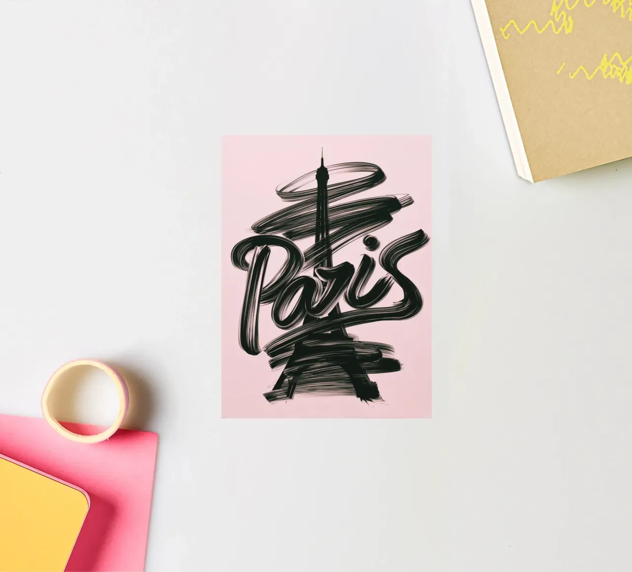 Parigi Torre Eiffel Rosa Poster calligrafico a pennello adesivo da Une Affaire de Filles