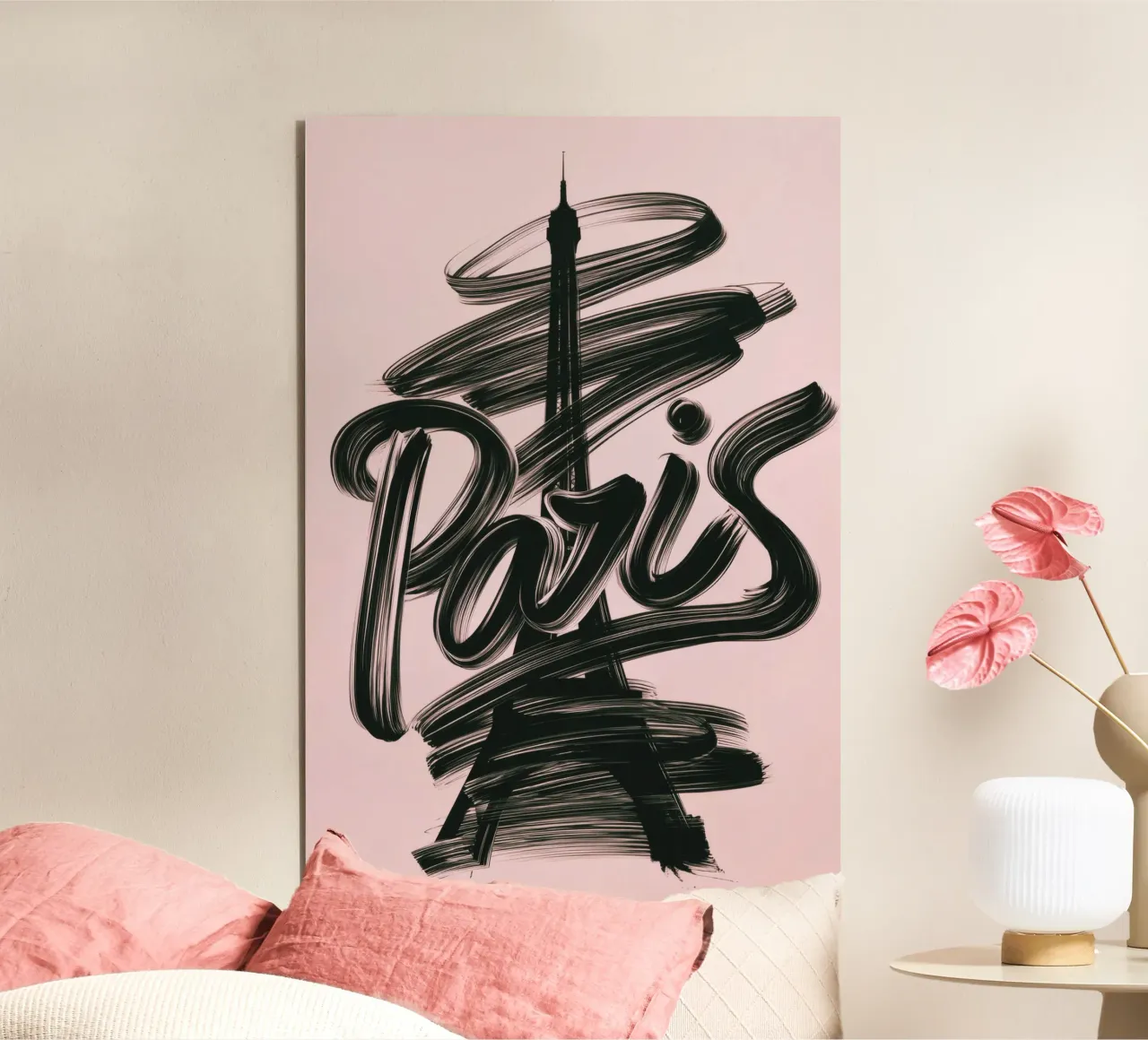 Parigi Torre Eiffel Rosa Poster calligrafico a pennello alluminio dibond da Une Affaire de Filles