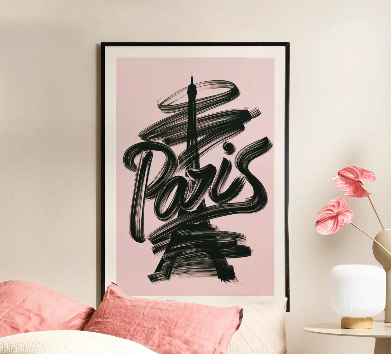 Parigi Torre Eiffel Rosa Poster calligrafico a pennello carta hahnemühle da Une Affaire de Filles