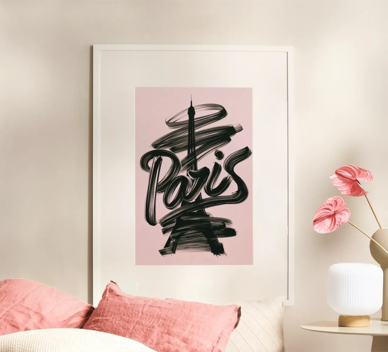 Parigi Torre Eiffel Rosa Poster calligrafico a pennello carta hahnemühle da Une Affaire de Filles