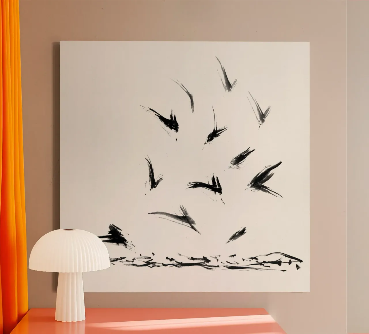 Field Crows | Minimal Ink Brushstroke Abstract canvas van sabidussi