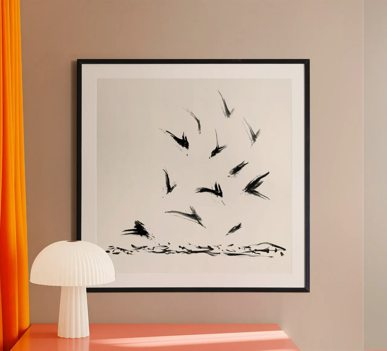 Field Crows | Minimal Ink Brushstroke Abstract poster con telaio in alluminio da sabidussi