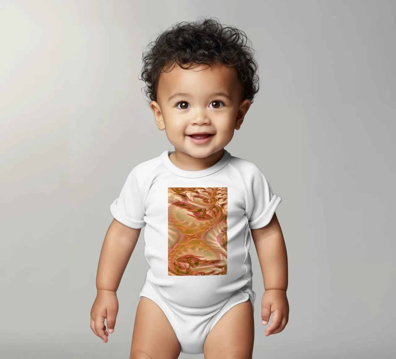 Abstract dynamic floral pattern in orange, pink, white short-sleeve baby romper by Something for you