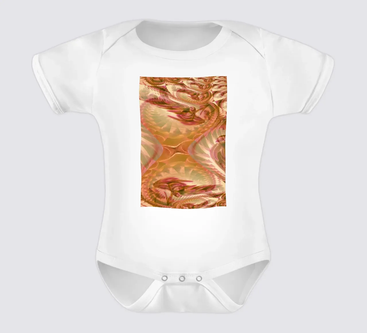 Abstract dynamic floral pattern in orange, pink, white short-sleeve baby romper by Something for you