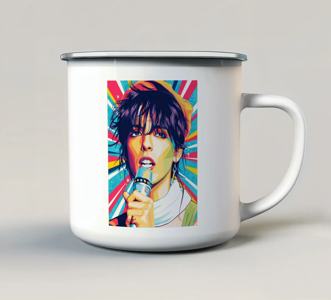 Ritratto pop art di Nena tazza in smalto da Hantamrata
