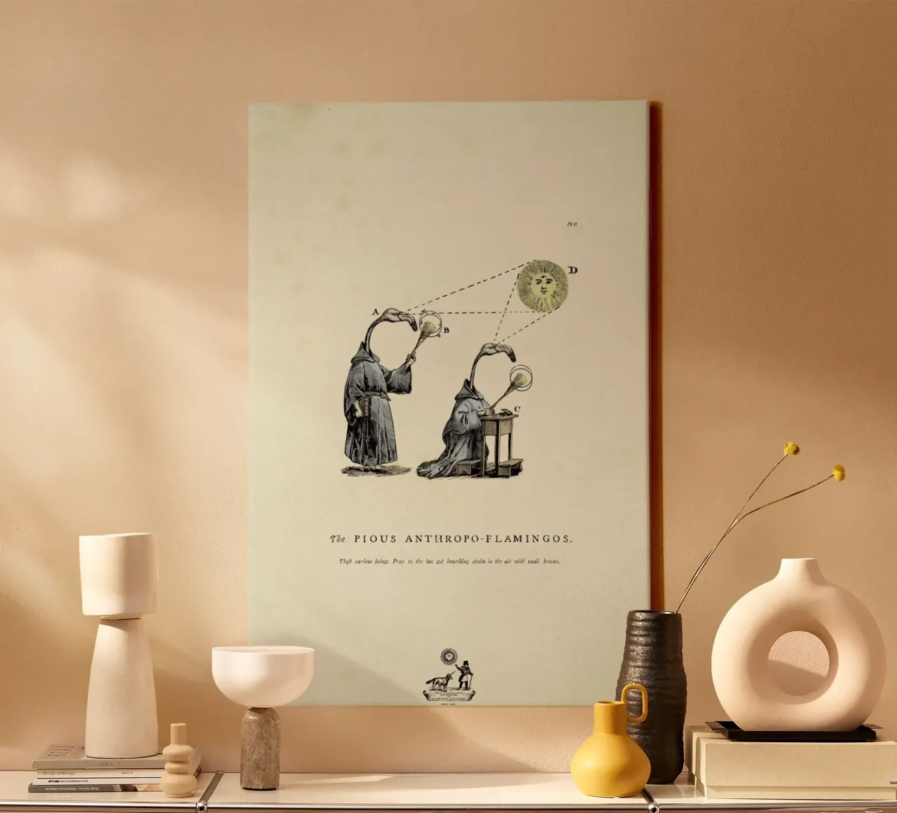 The pious anthropo-flamingos canvas met Baklijst van Matteo Morelli