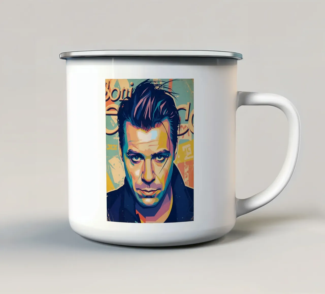 Till Lindemann ritratto pop art tazza in smalto da Hantamrata