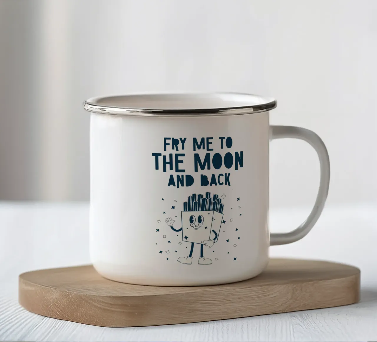 Patatine fritte retrò Personaggio Fry Me To The Moon And Back Blu Bianco tazza in smalto da Studio Frances M
