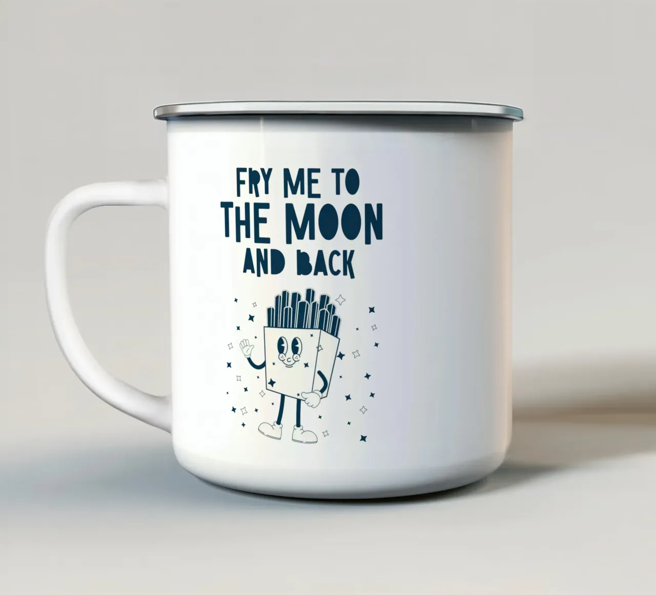 Patatine fritte retrò Personaggio Fry Me To The Moon And Back Blu Bianco tazza in smalto da Studio Frances M