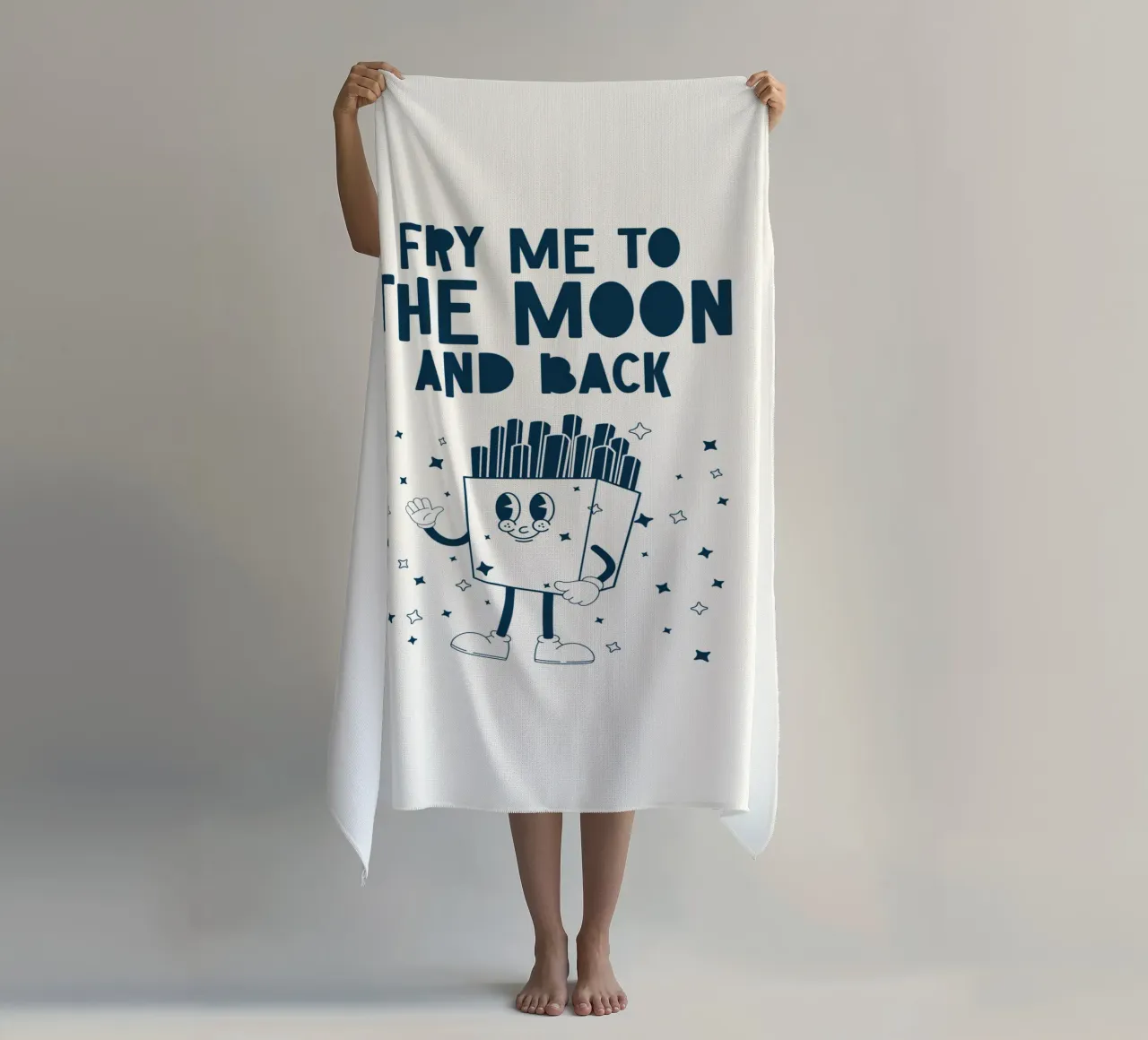 Patatine fritte retrò Personaggio Fry Me To The Moon And Back Blu Bianco telo mare da Studio Frances M