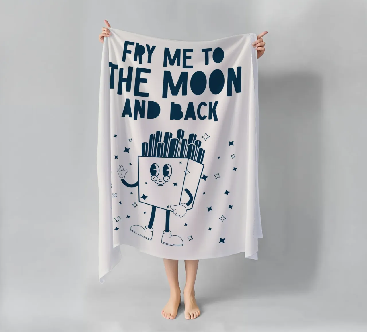 Patatine fritte retrò Personaggio Fry Me To The Moon And Back Blu Bianco telo mare da Studio Frances M