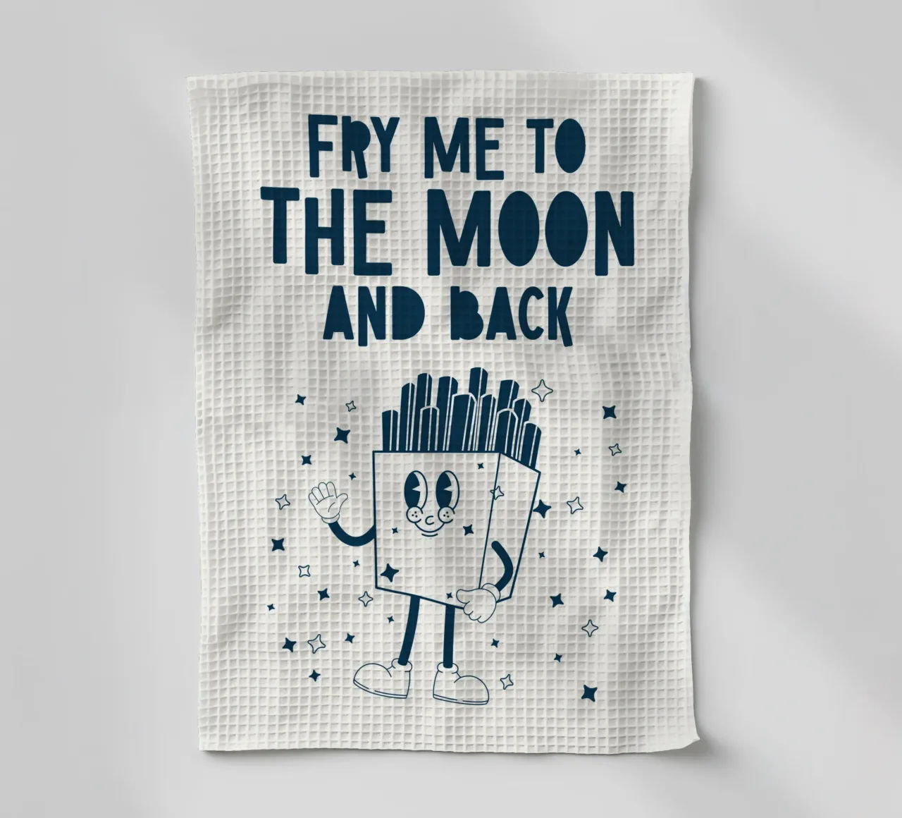 Retro French Character Fry Me To The Moon And Back Bleu Blanc torchon de Studio Frances M