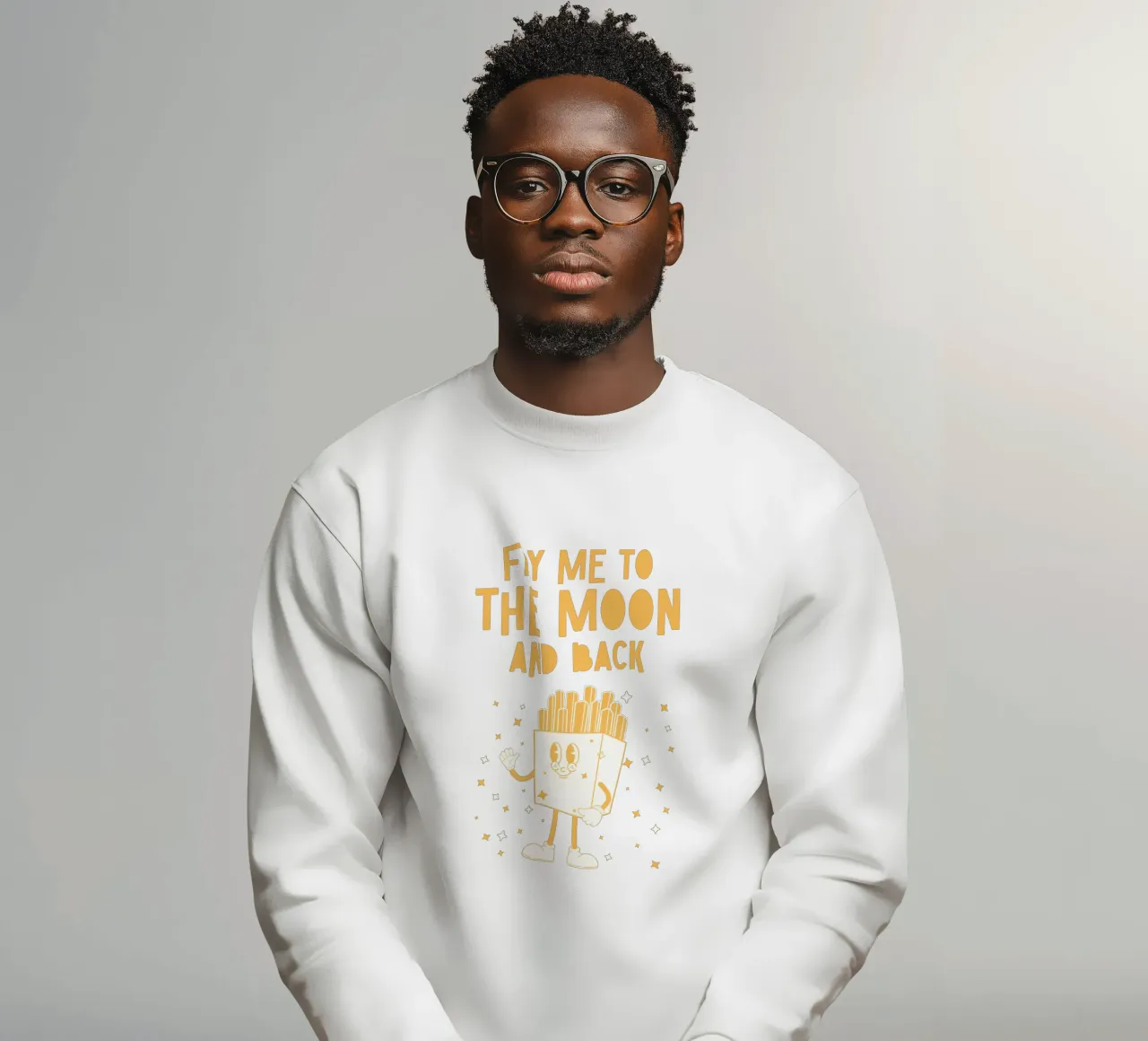 Retro Pommes Caractère Fry Me To The Moon And Back Jaune Blanc sweat de Studio Frances M