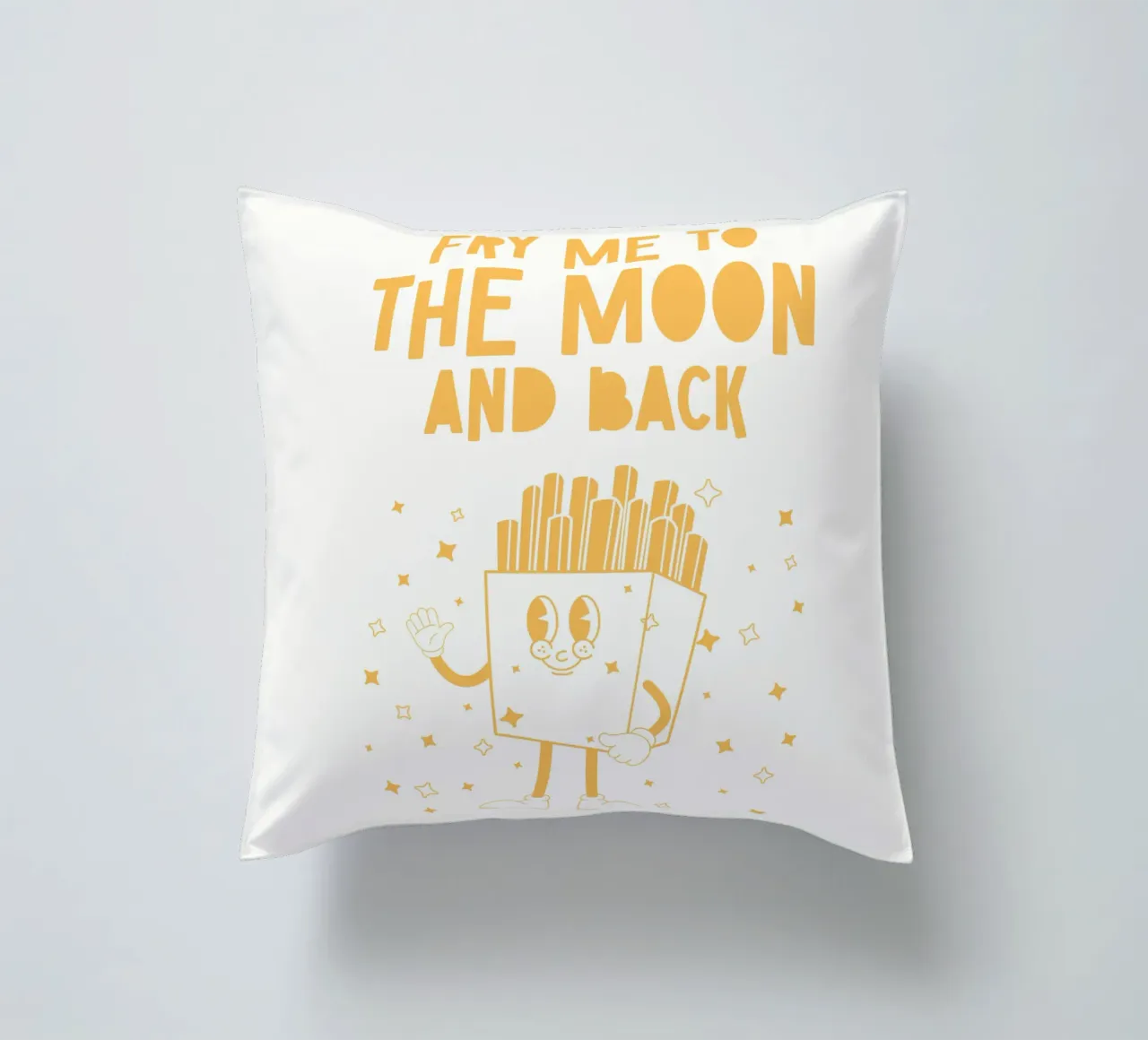 Retro Pommes Caractère Fry Me To The Moon And Back Jaune Blanc coussin de Studio Frances M
