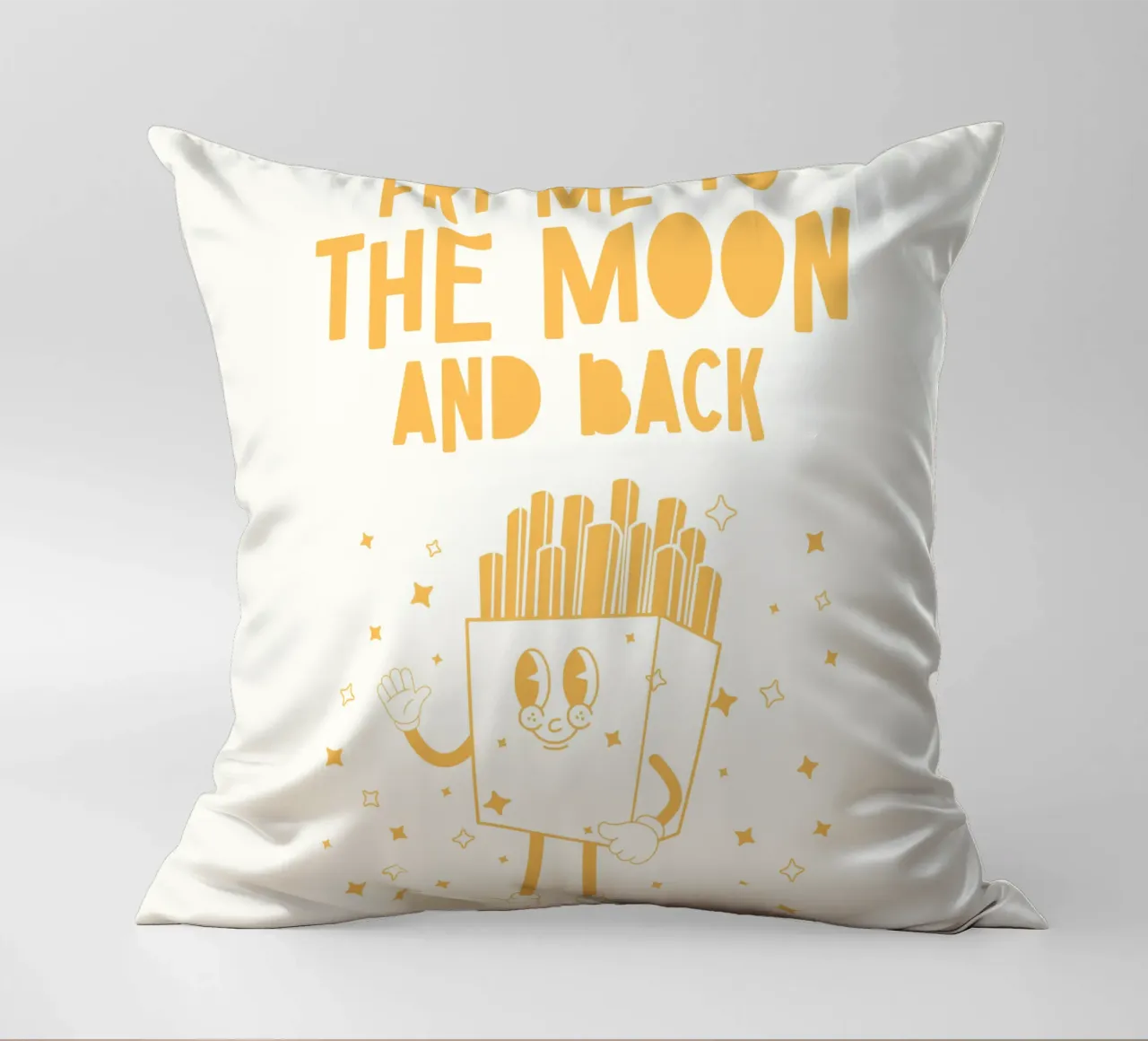 Retro Pommes Caractère Fry Me To The Moon And Back Jaune Blanc coussin de Studio Frances M
