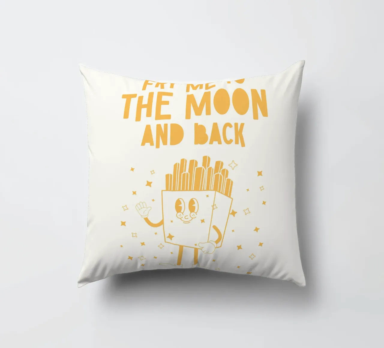 Retro Pommes Caractère Fry Me To The Moon And Back Jaune Blanc coussin de Studio Frances M