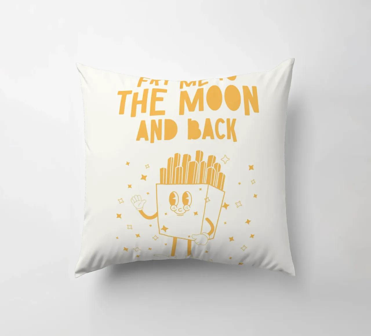 Retro Pommes Caractère Fry Me To The Moon And Back Jaune Blanc coussin de Studio Frances M