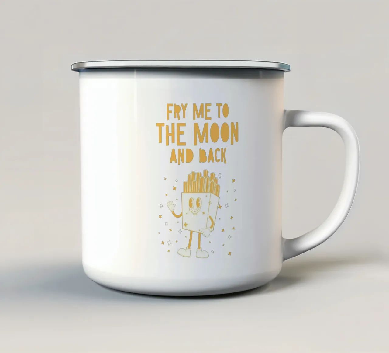 Retro Pommes Caractère Fry Me To The Moon And Back Jaune Blanc mug en émail de Studio Frances M