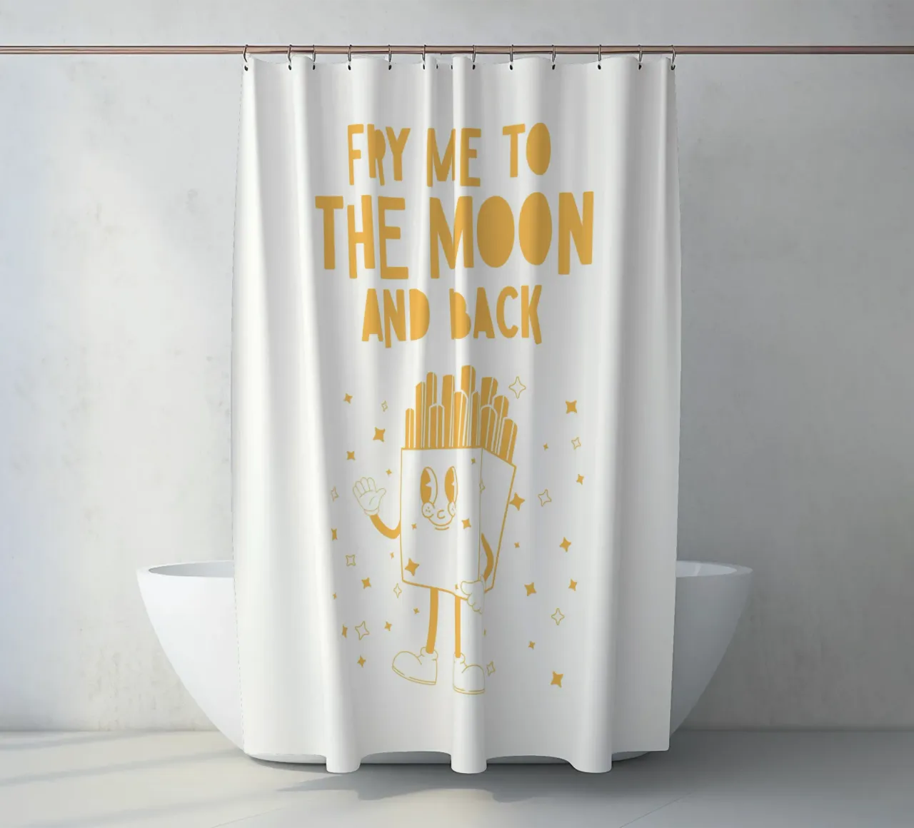 Retro Pommes Caractère Fry Me To The Moon And Back Jaune Blanc rideau de douche de Studio Frances M