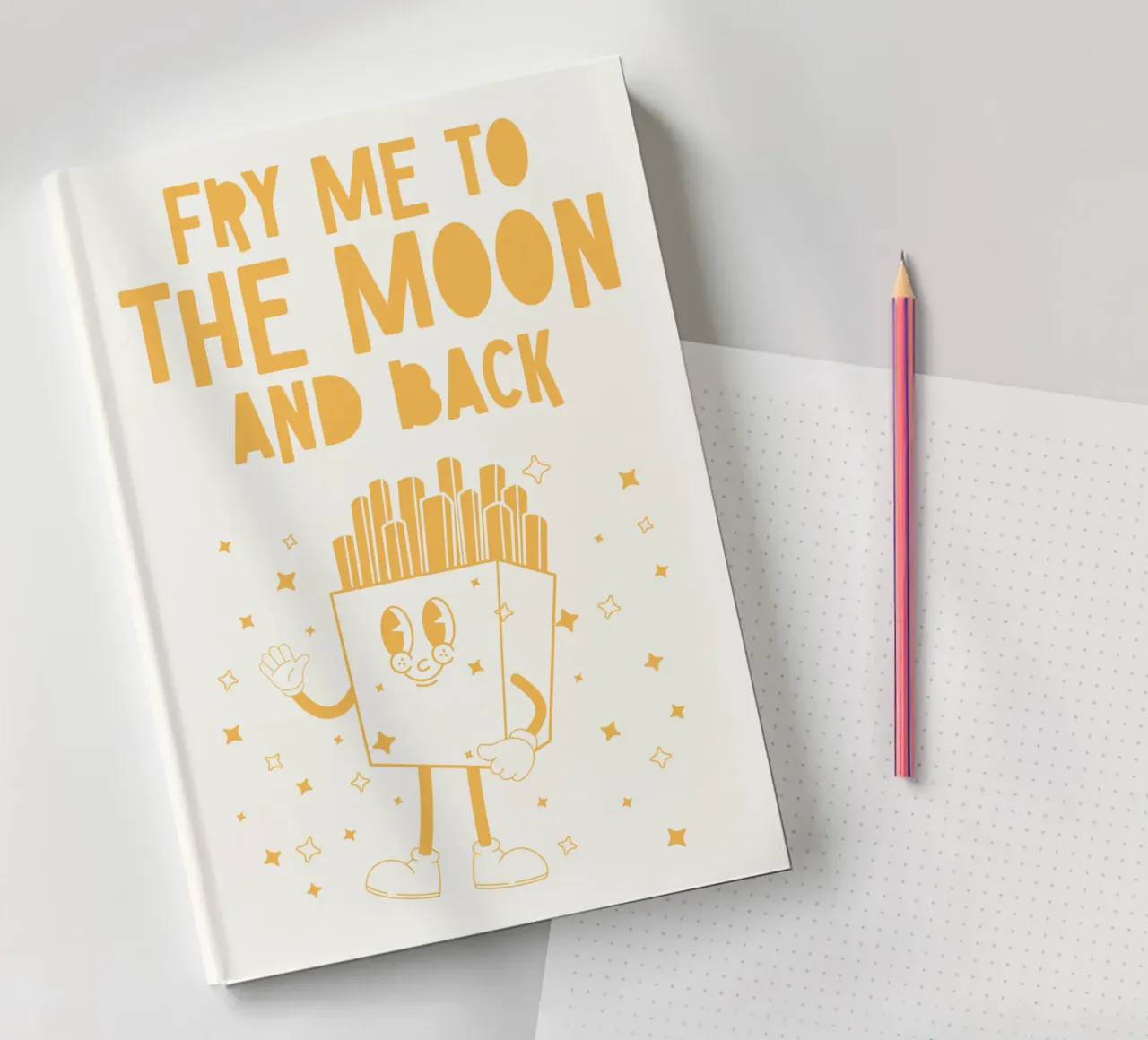 Retro Fries Character Fry Me To The Moon And Back Yellow White notebook by Studio Frances M