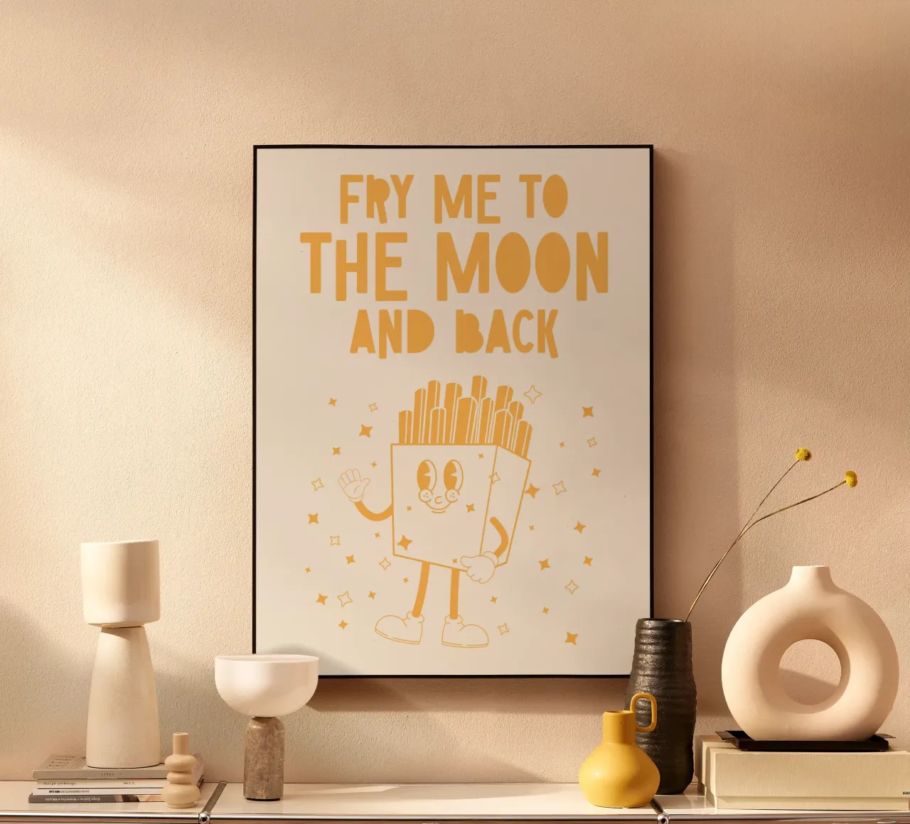 Retro Fries Character Fry Me To The Moon And Back Yellow White alu-dibond by Studio Frances M