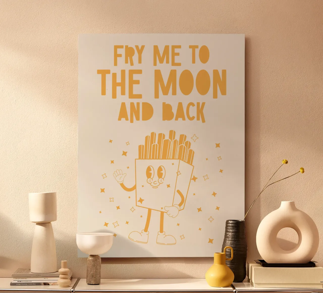 Retro Fries Character Fry Me To The Moon And Back Yellow White alu-dibond by Studio Frances M