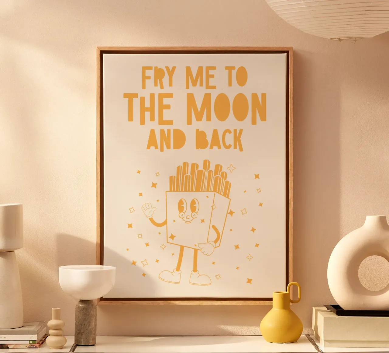 Retro Pommes Caractère Fry Me To The Moon And Back Jaune Blanc toile de Studio Frances M