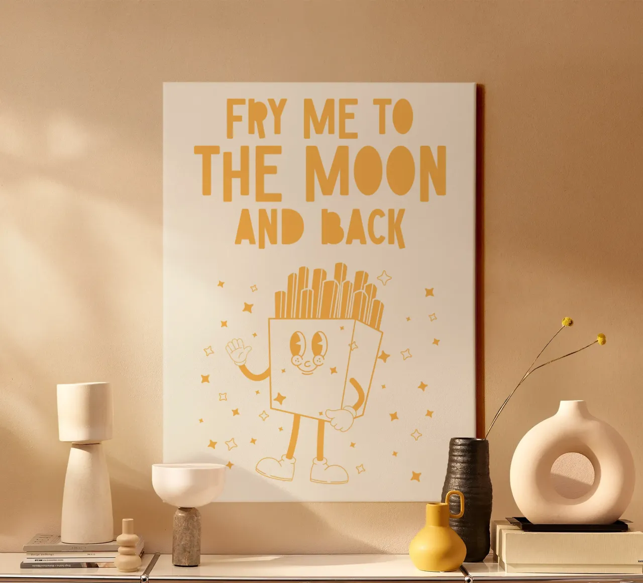 Retro Pommes Caractère Fry Me To The Moon And Back Jaune Blanc toile de Studio Frances M