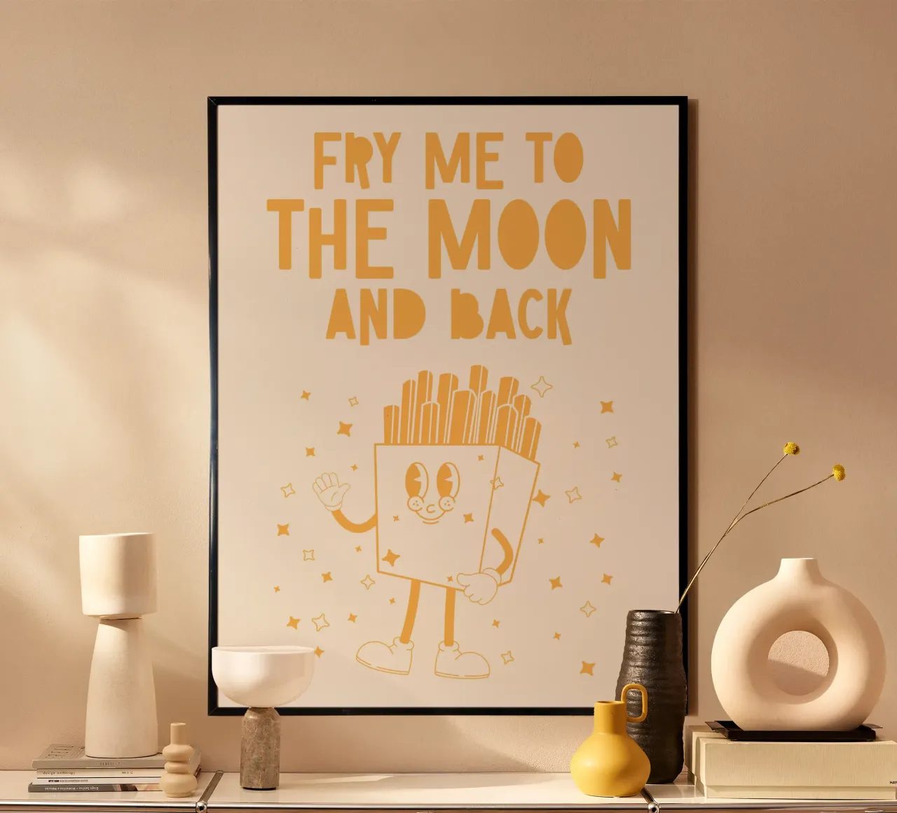 Patatine fritte retrò Personaggio Fry Me To The Moon And Back Giallo Bianco carta hahnemühle da Studio Frances M