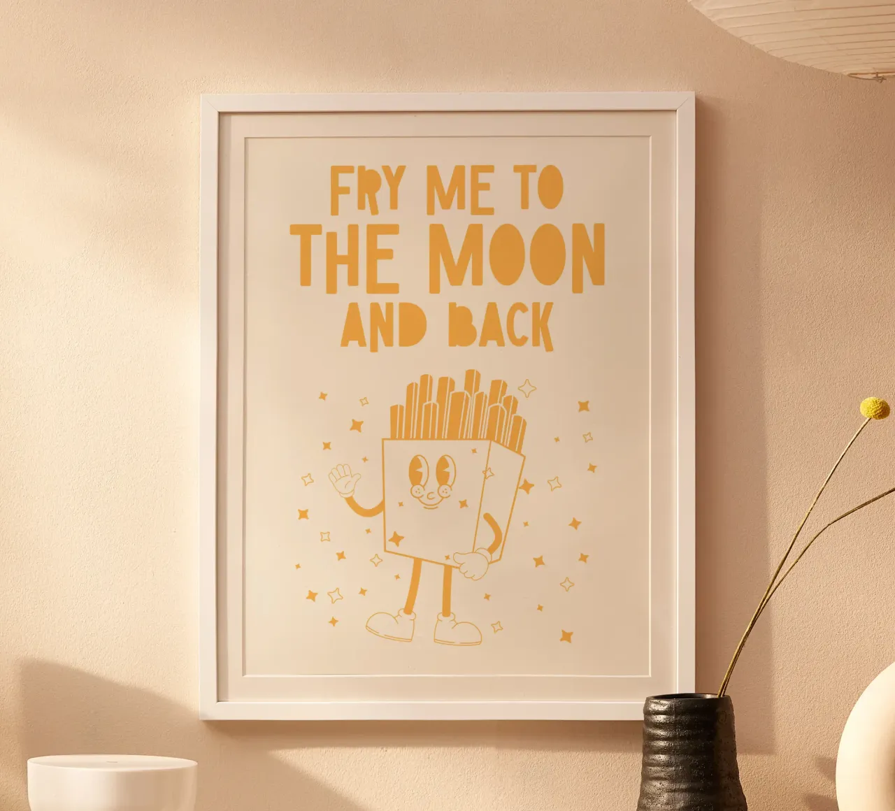 Retro Friet Karakter Bak Me Naar De Maan En Terug Geel Wit hahnemühle van Studio Frances M