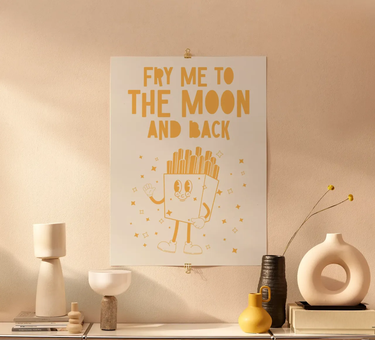 Patatine fritte retrò Personaggio Fry Me To The Moon And Back Giallo Bianco carta hahnemühle da Studio Frances M
