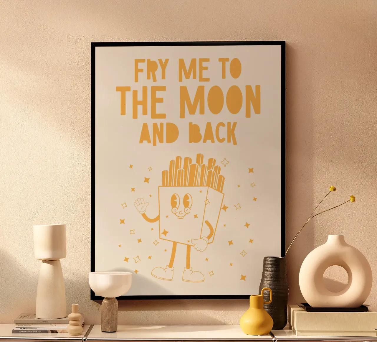 Retro Friet Karakter Bak Me Naar De Maan En Terug Geel Wit hahnemühle van Studio Frances M