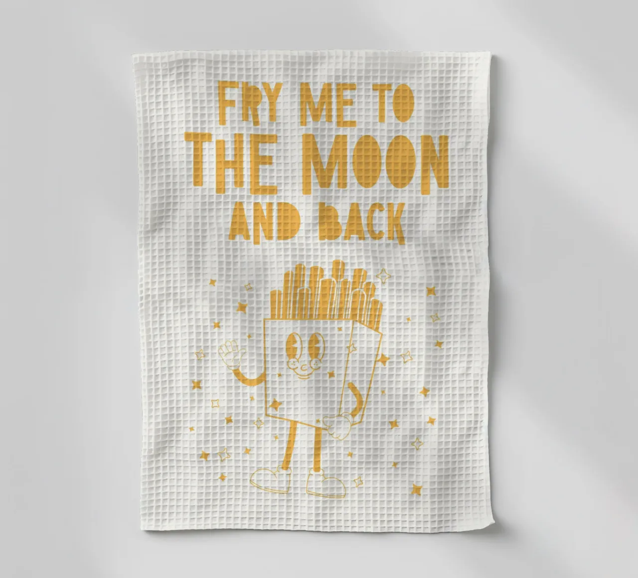 Retro Pommes Charakter Fry Me To The Moon And Back Gelb Weiß Geschirrtuch von Studio Frances M