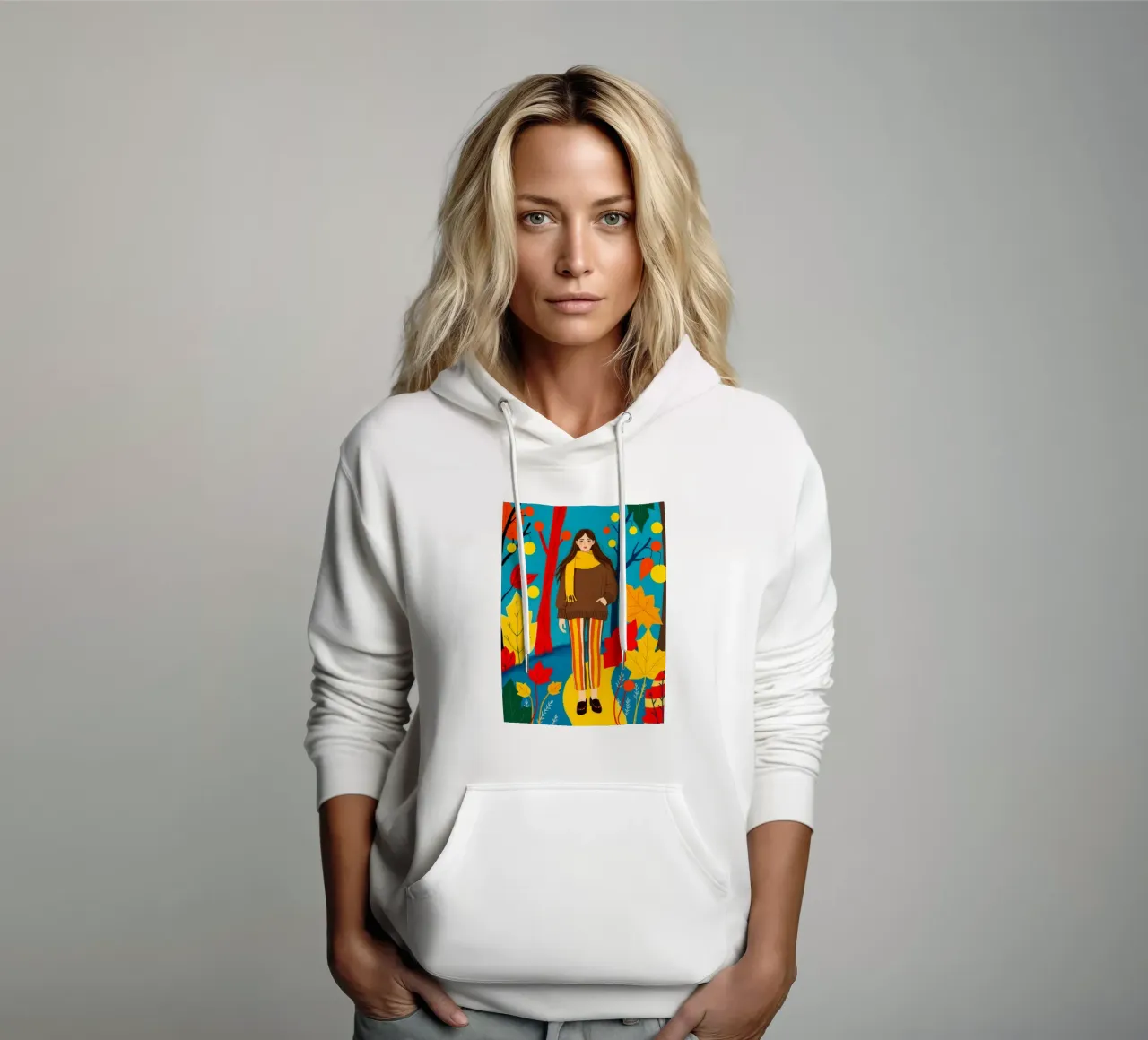 Donna che cammina in una foresta d'autunno felpa con cappuccio da ARTOMATIC