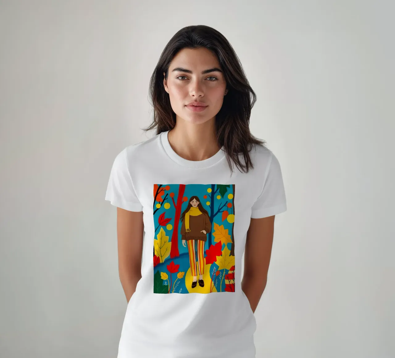 Femme marchant dans une forêt d'automne t-shirt de ARTOMATIC