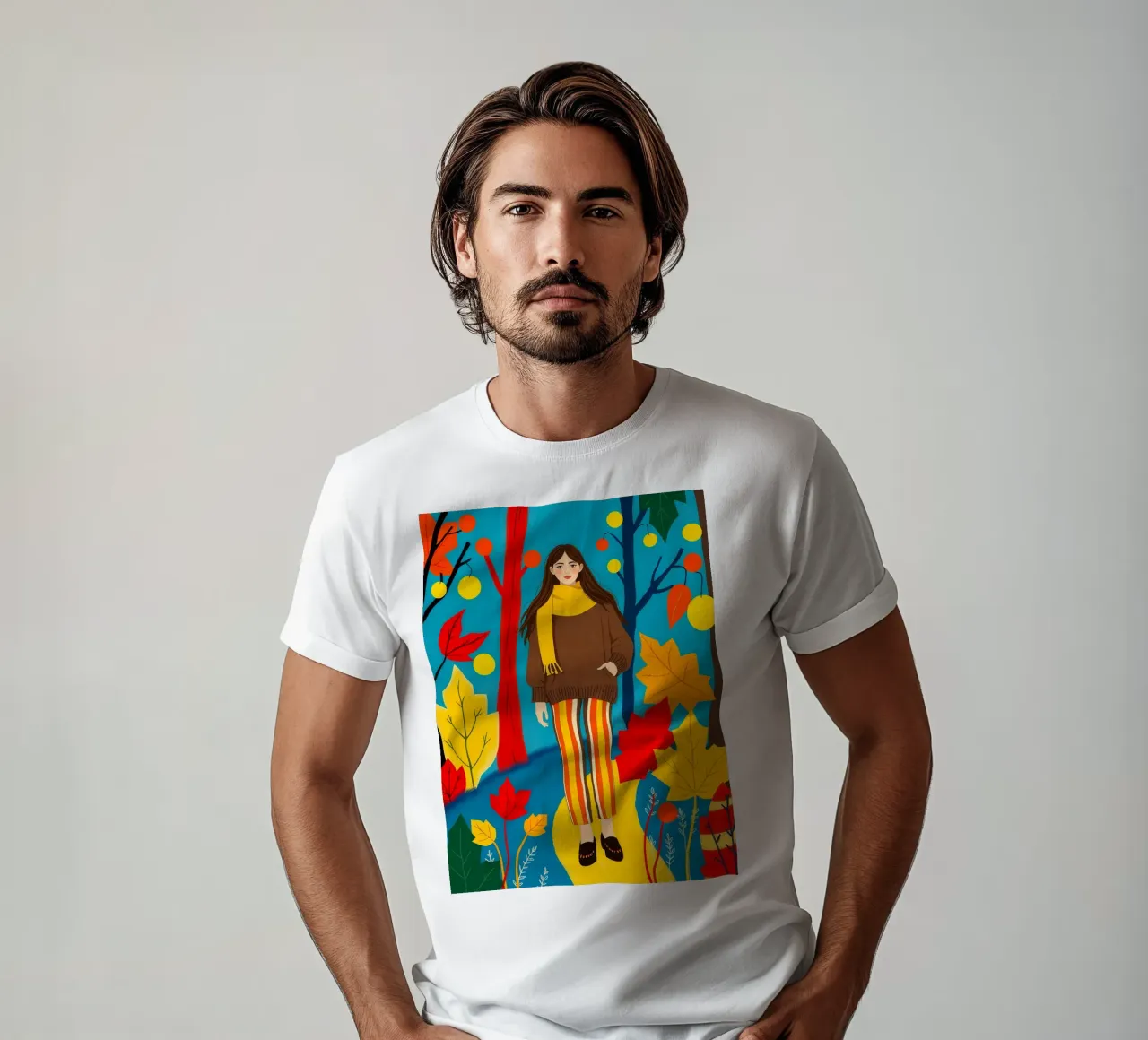 Donna che cammina in una foresta d'autunno t-shirt da ARTOMATIC