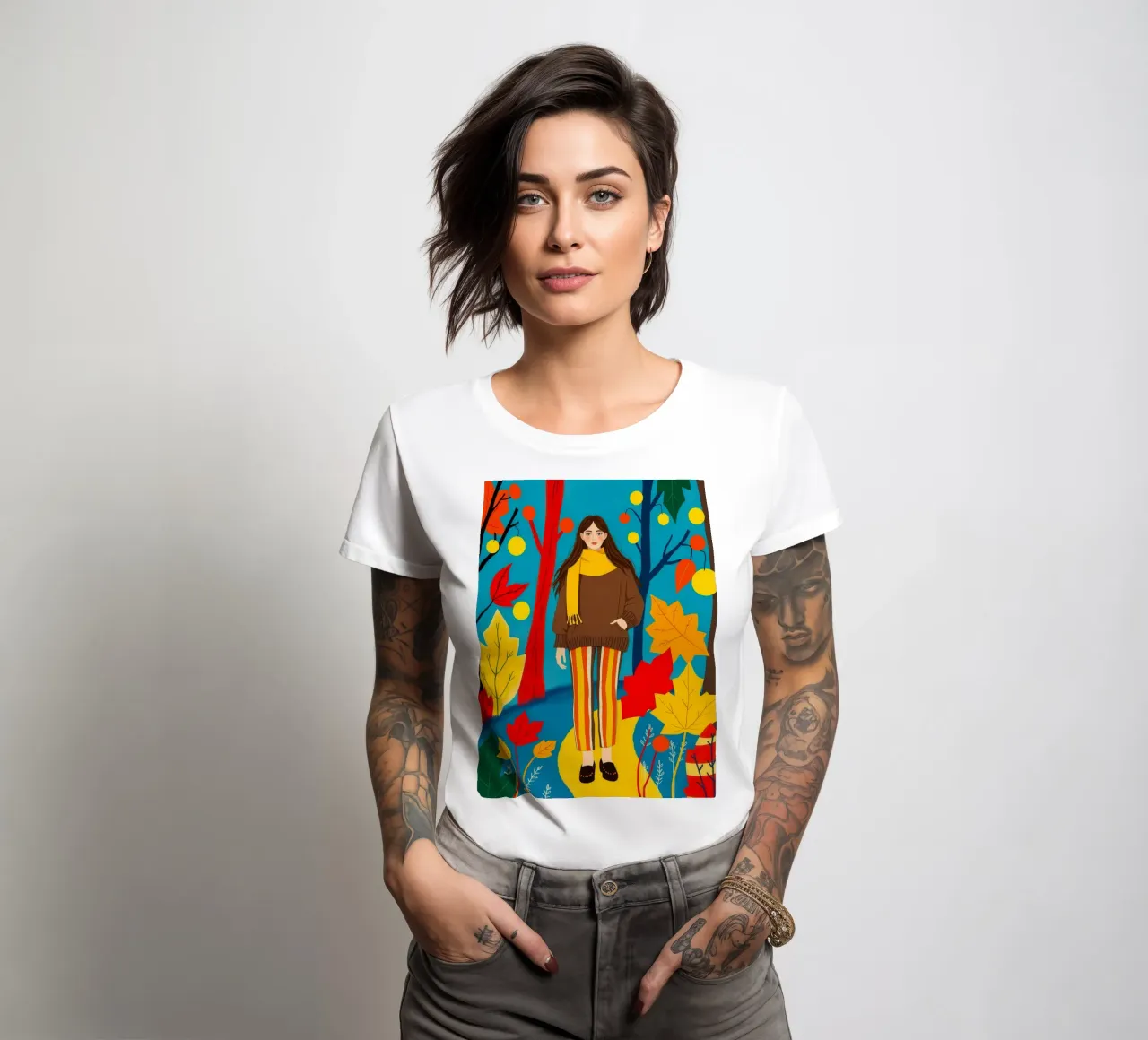 Donna che cammina in una foresta d'autunno t-shirt da donna da ARTOMATIC