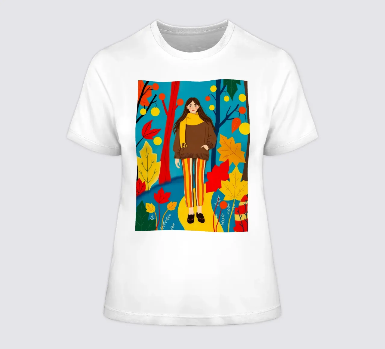 Donna che cammina in una foresta d'autunno t-shirt da donna da ARTOMATIC