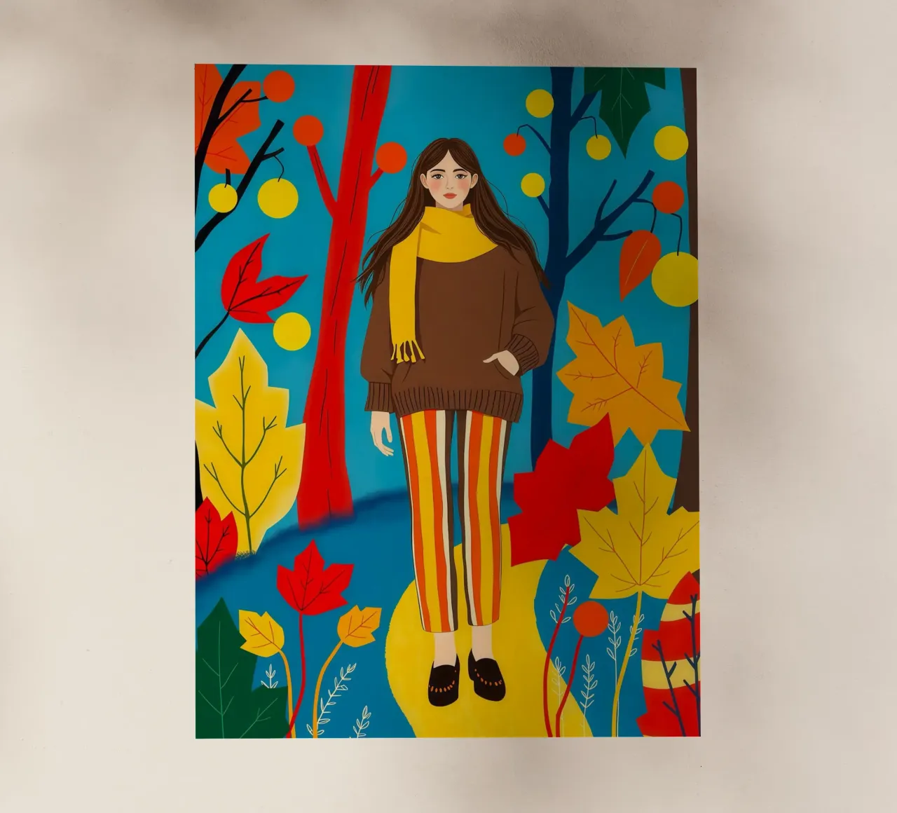 Donna che cammina in una foresta d'autunno pellicola backlit da ARTOMATIC