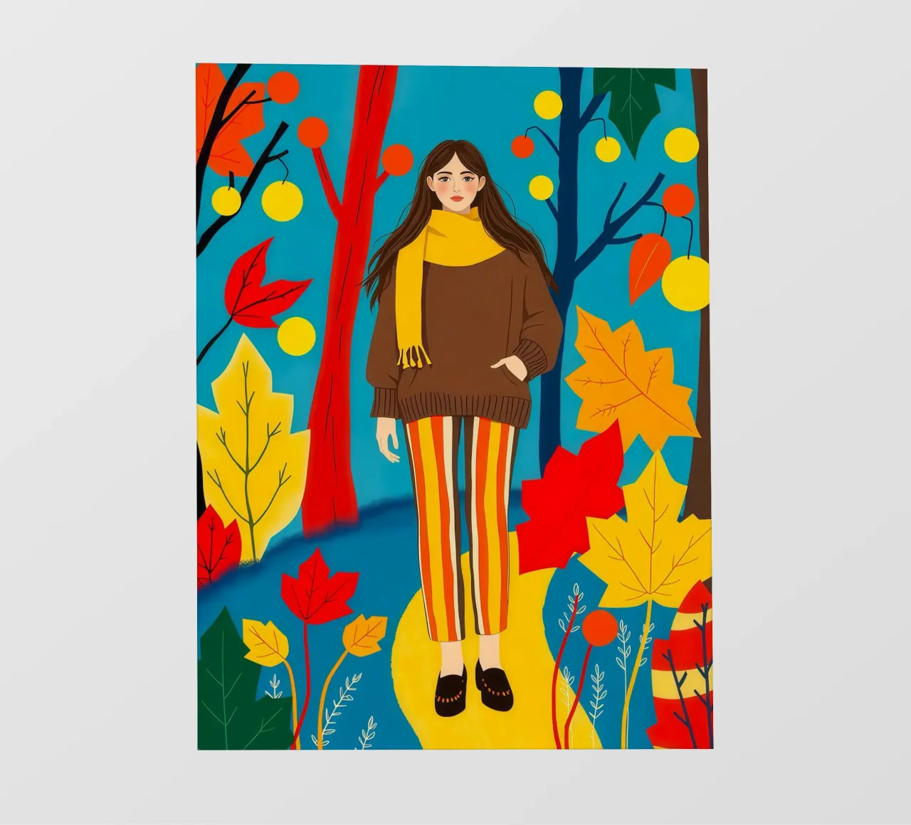 Donna che cammina in una foresta d'autunno pellicola backlit da ARTOMATIC