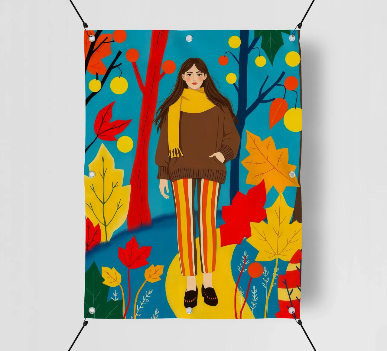 Femme marchant dans une forêt d'automne bâche pvc de ARTOMATIC