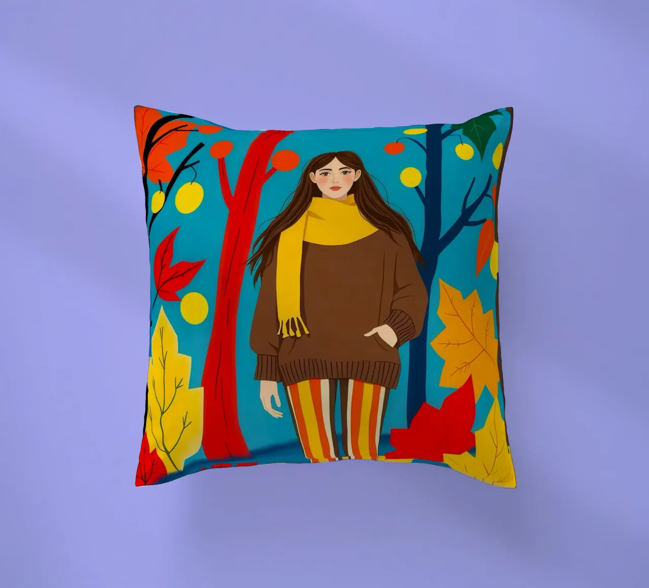 Donna che cammina in una foresta d'autunno cuscino da ARTOMATIC