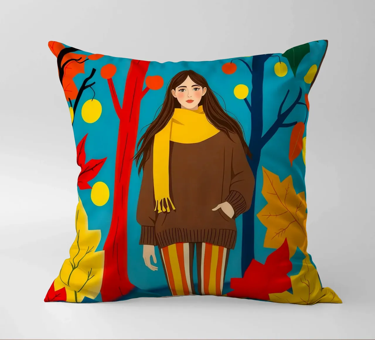 Donna che cammina in una foresta d'autunno cuscino da ARTOMATIC