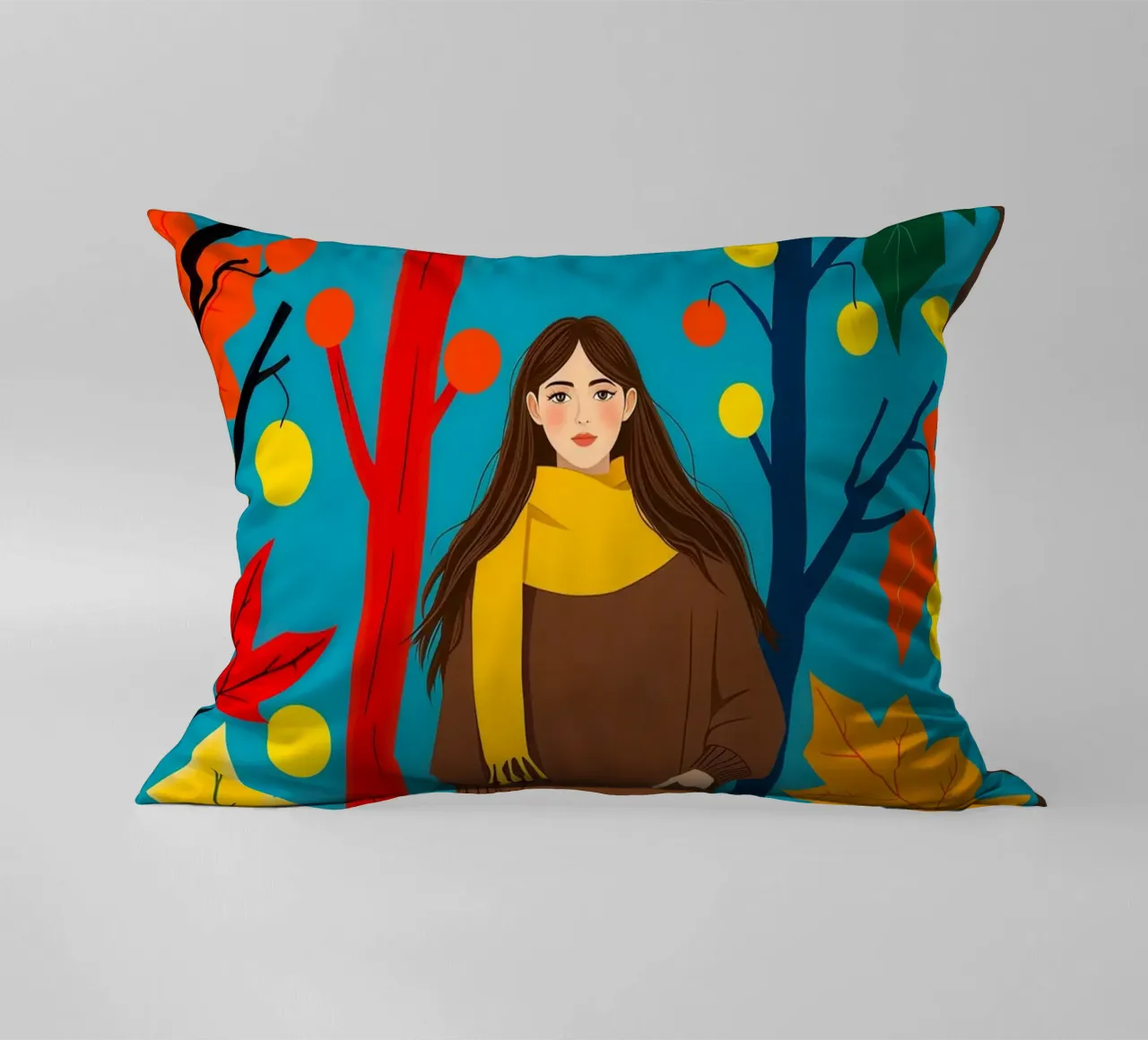 Donna che cammina in una foresta d'autunno cuscino da ARTOMATIC