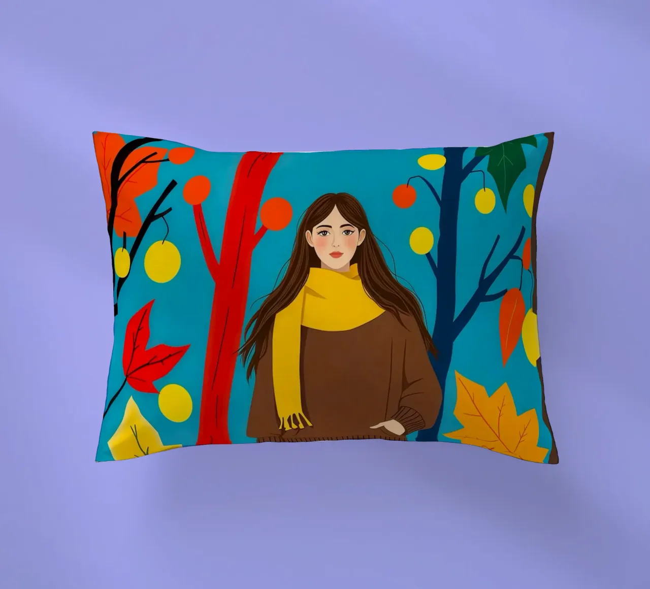 Donna che cammina in una foresta d'autunno cuscino da ARTOMATIC