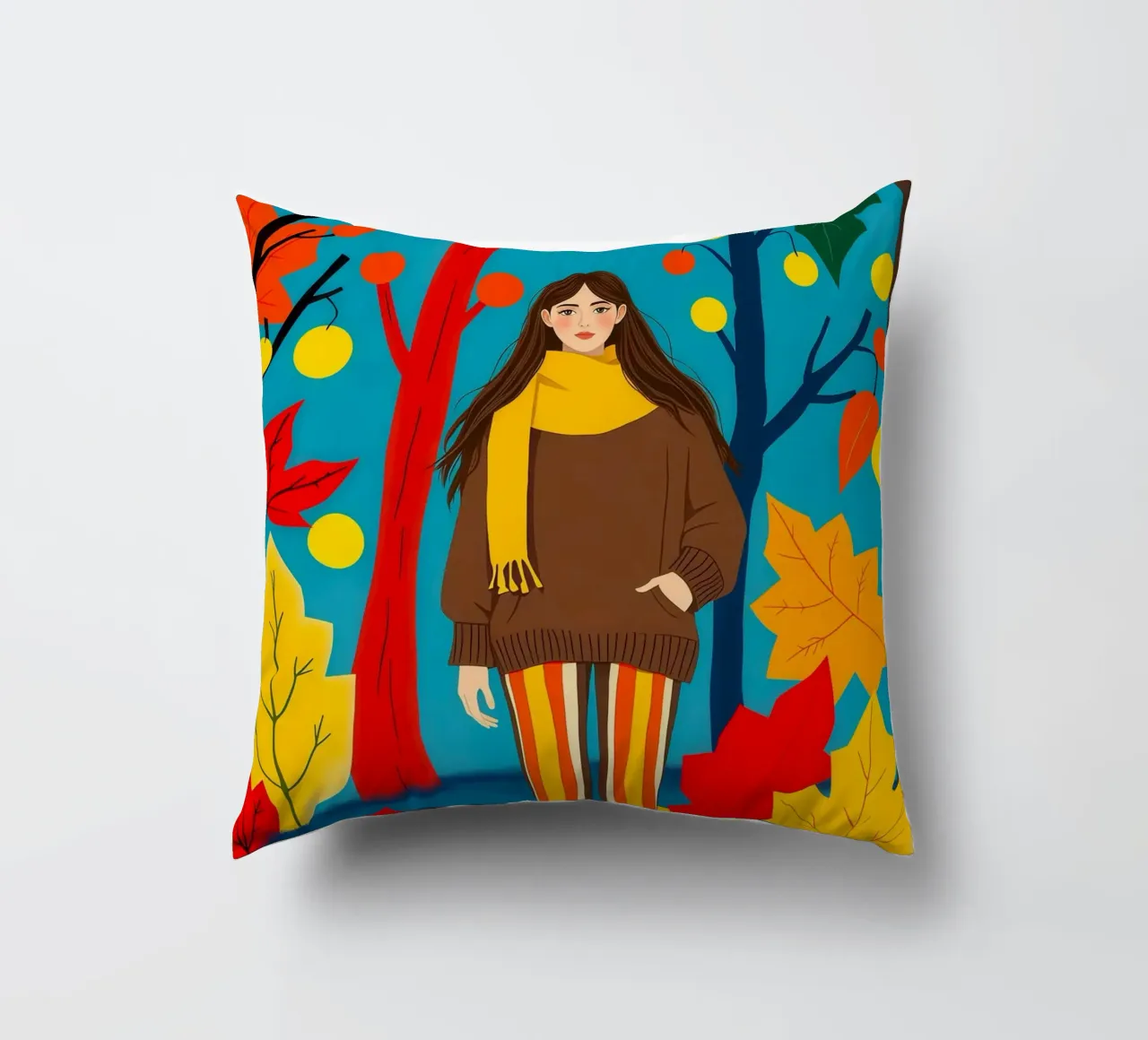 Donna che cammina in una foresta d'autunno cuscino da ARTOMATIC