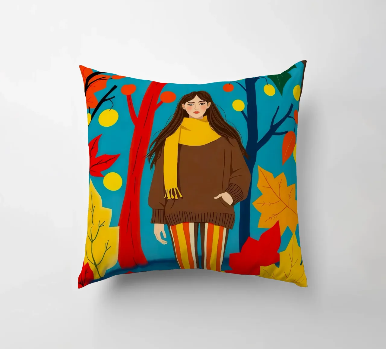 Donna che cammina in una foresta d'autunno cuscino da ARTOMATIC